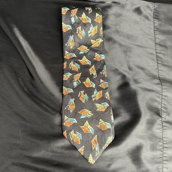 Vintage Damon Mens Black Necktie Blue and Orange Geometric Silk Made In Italy - Picture 2 of 16
